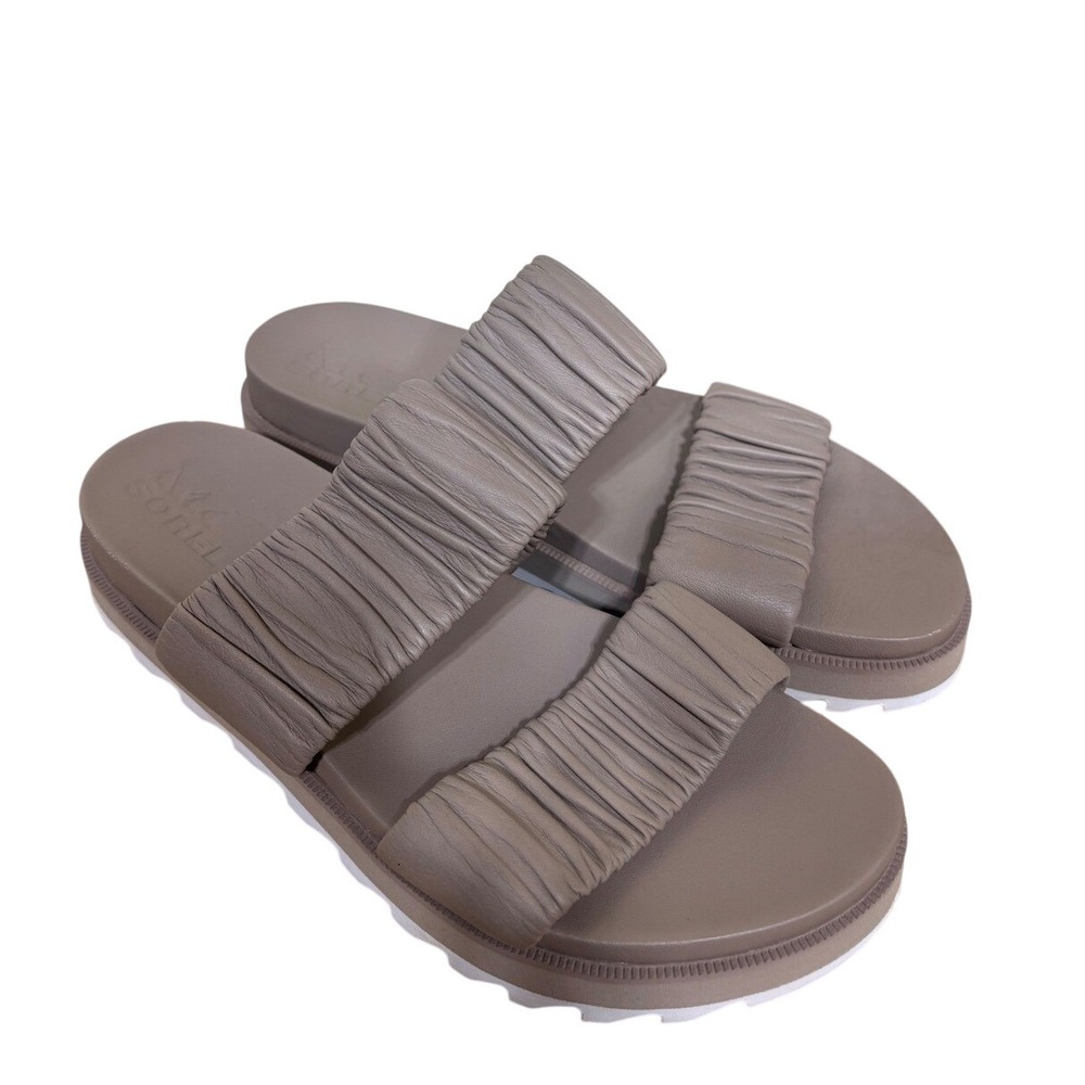 Sorel Roaming Ruched Slide Sandals 8.5 Omega Taupe Leather Platform‎ NL4717-214
